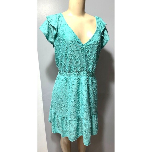 LC Lauren Conrad Women's Green Ruffle Texture Elastic Waist ‎ Mini Dress medium - Picture 1 of 14